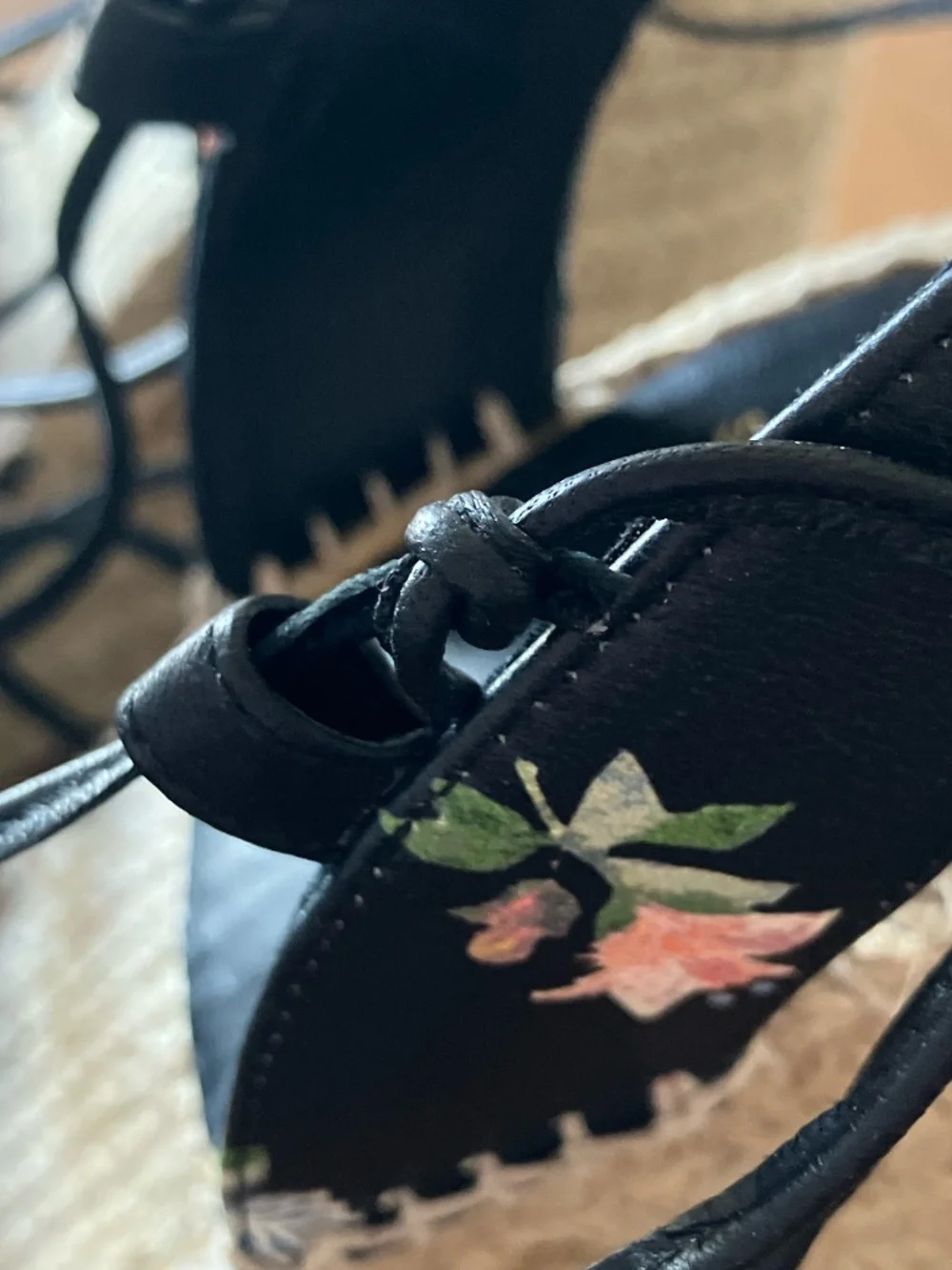Saint Laurent YSL Grunge Flower Print Black Leather Espadrille Wedge EU 39/US 9